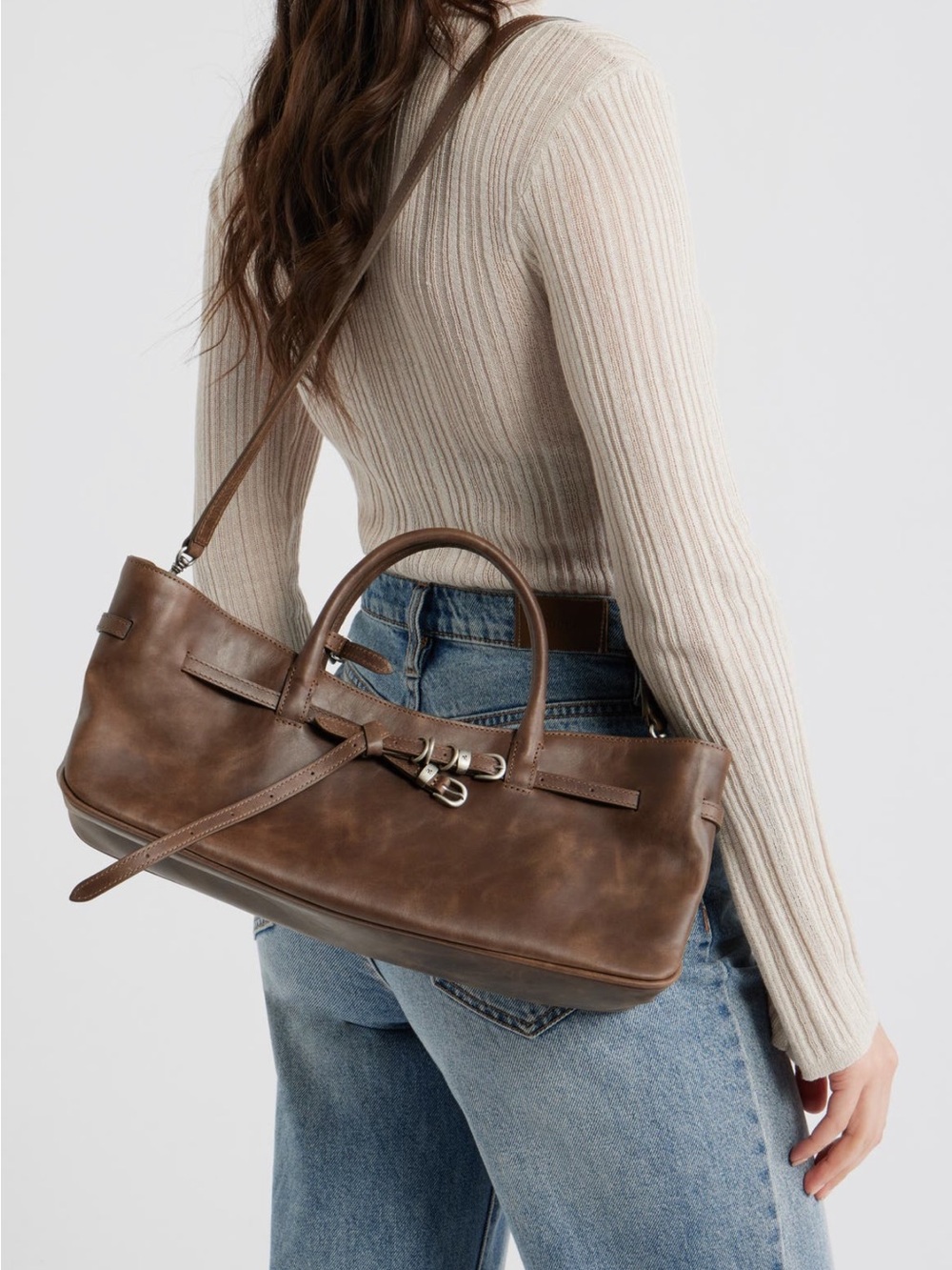 Marge Sherwood Grandma Leather Buckle Bag in Washed Brown Pull-Up